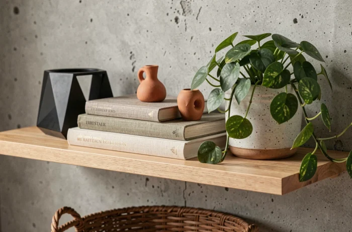 Étagère en bois minimaliste décorée d'objets tendance : bougeoir géométrique noir mat, livres en lin et plante pothos en pot céramique sur mur en béton