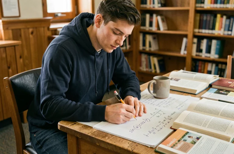 Étudiant universitaire écrivant la formule trigonométrique sin a cos b sur du papier quadrillé dans une bibliothèque