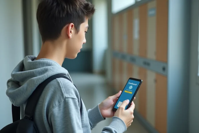 Étudiant vérifiant la configuration réussie de la messagerie AC Normandie sur un smartphone Samsung dans un couloir universitaire