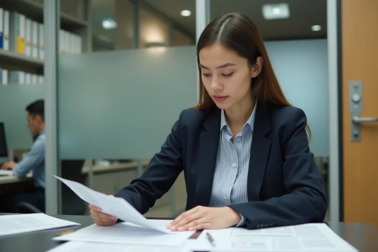 Étudiante en alternance consultant des documents administratifs relatifs à la CVEC dans un bureau universitaire