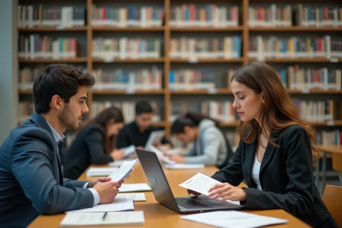 Deux étudiants en alternance consultant un guide sur la CVEC et les exceptions dans une bibliothèque universitaire