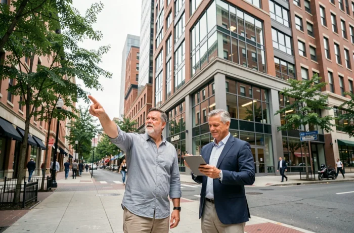Deux professionnels de l'immobilier évaluant un immeuble commercial lors d'une visite de site en milieu urbain