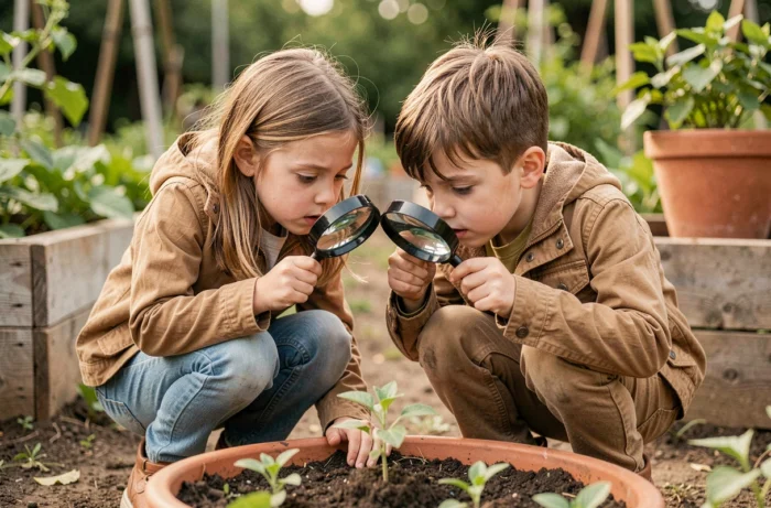 Deux enfants découvrant des plantes dans un jardin avec des loupes, illustrant l'éveil à la nature et le développement de la curiosité chez l'enfant