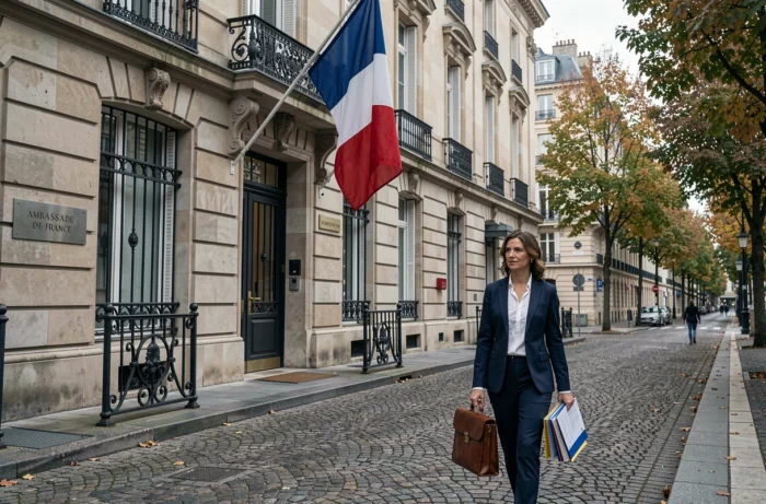 Façade officielle d'une ambassade française avec drapeau tricolore et personnel administratif