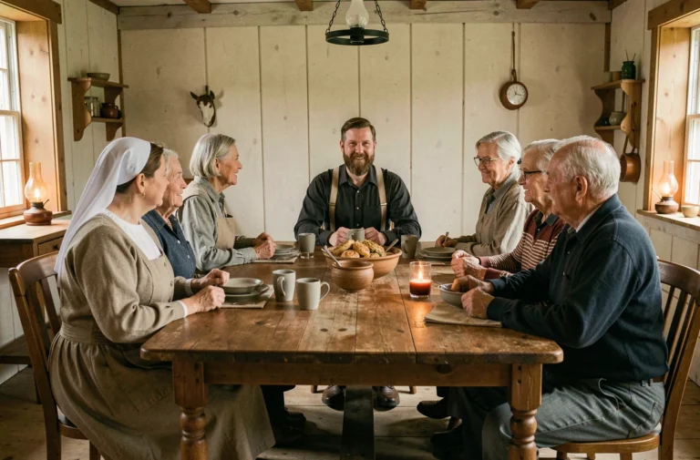 Famille amish réunie autour d'une grande table en bois dans une ferme traditionnelle, illustrant la vie communautaire et les valeurs familiales amish