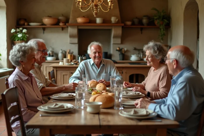 Famille réunie autour d'un déjeuner dominical dans une cuisine de maison de campagne française en pierre