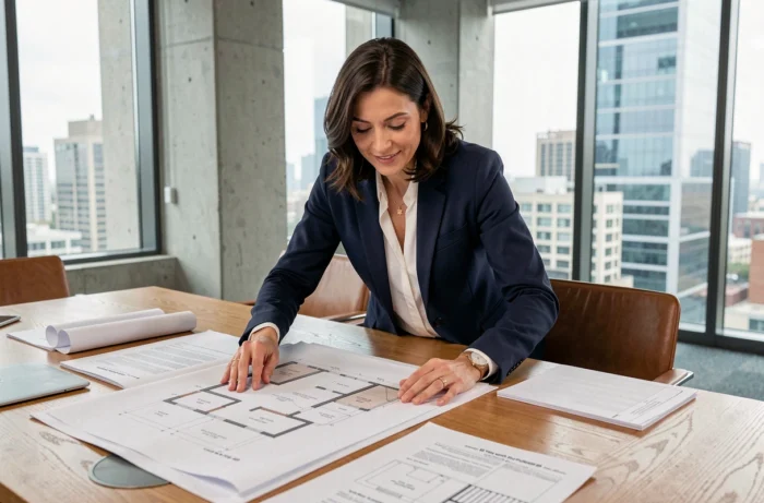 Femme d'affaires analysant des documents d'investissement immobilier professionnel dans un bureau moderne avec vue sur la ville