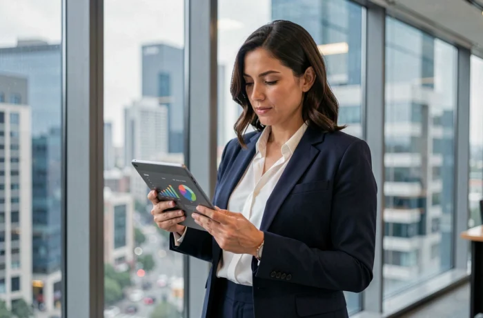 Femme d'affaires professionnelle consultant une tablette dans un bureau moderne avec vue sur la ville, illustrant les tendances business 2024