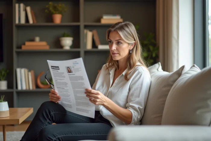 Femme examinant un prospectus de promotion de canapé Poltronesofà dans un salon moderne avec un regard sceptique