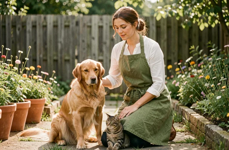 Femme passionnée par les animaux interagissant avec un golden retriever et un chat tigré dans un jardin verdoyant
