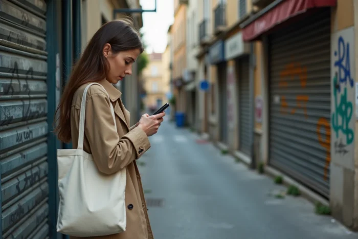 Femme attendant le bus dans un quartier à surveiller à Montpellier