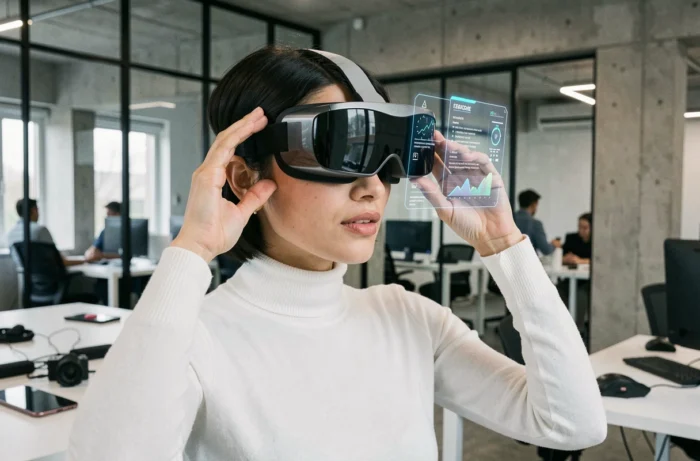 Femme portant un casque de réalité augmentée dans un bureau moderne high tech