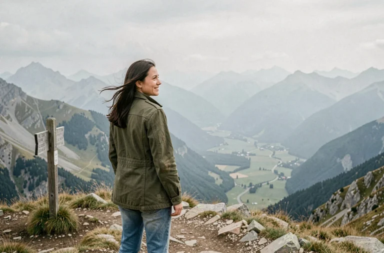 Femme contemplant un panorama de montagne depuis un belvédère rocheux, illustrant le syndrome de wanderlust et l'appel irrésistible du voyage