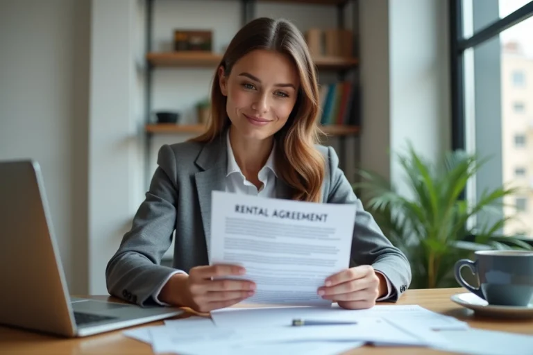 Femme consultant un contrat de location immobilière dans un bureau à domicile moderne