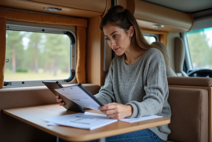 Femme consultant un guide de dépannage pour résoudre une erreur du chauffage Truma Combi 4 dans l'habitacle d'un camping-car