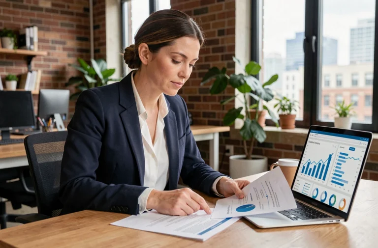 Femme entrepreneur analysant des ressources business sur un ordinateur portable dans un espace de coworking moderne