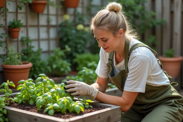 Femme jardinant dans un potager surélevé en bois avec des plants de tomates et de basilic sur une terrasse urbaine