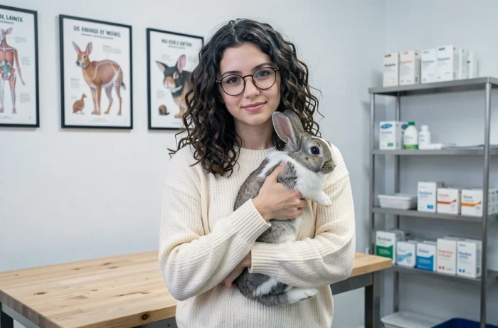 Jeune femme tenant un lapin domestique dans une clinique vétérinaire propre avec fiches de soins animaux