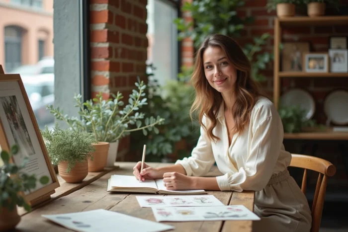 Femme organisant son mariage dans un studio de mariée avec des échantillons de tissus et un tableau d'inspiration