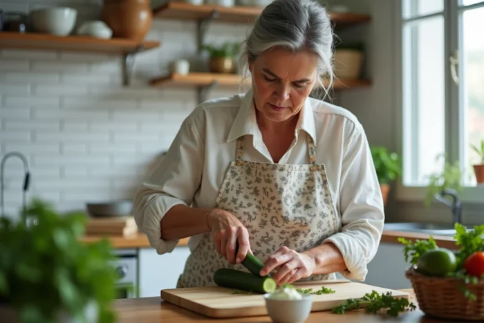 Femme française préparant une salade de concombre à la crème dans une cuisine parisienne authentique avec tablier floral