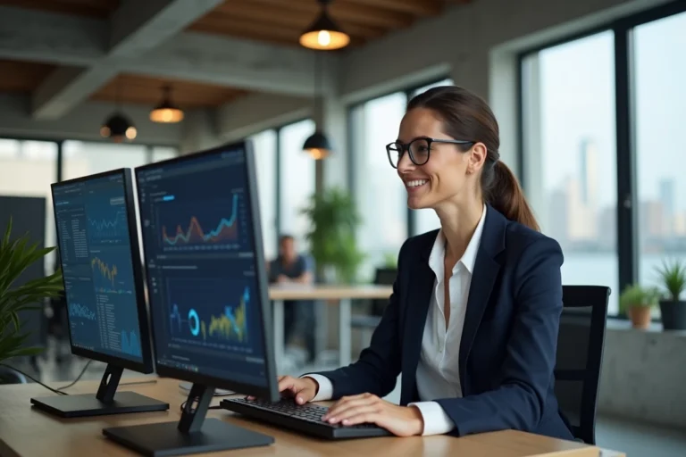 Femme professionnelle analysant des tableaux de bord digitaux dans un bureau moderne pour booster la croissance de son entreprise
