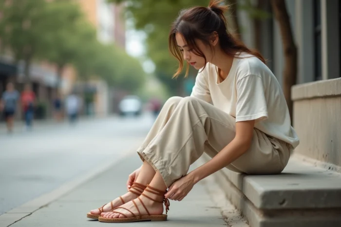 Femme portant des sandales minimalistes à semelle liège dans un contexte urbain, alternative tendance Birkenstock 2025