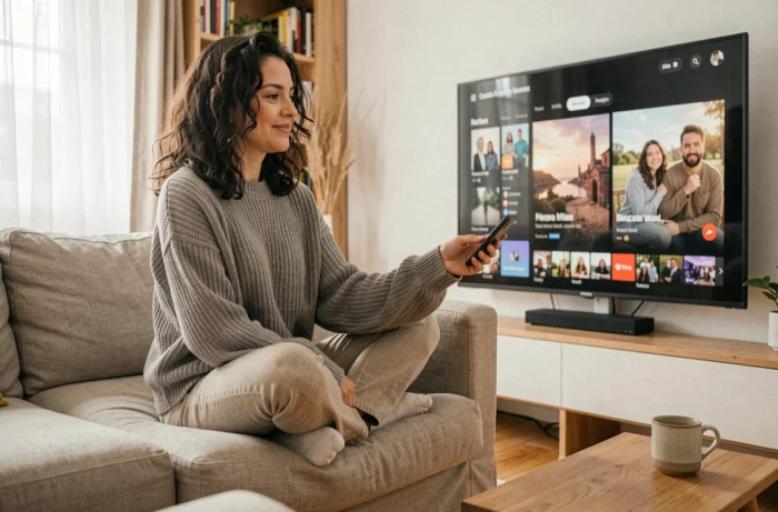 Femme en pull gris regardant une application de streaming sur un téléviseur dans un salon scandinave confortable