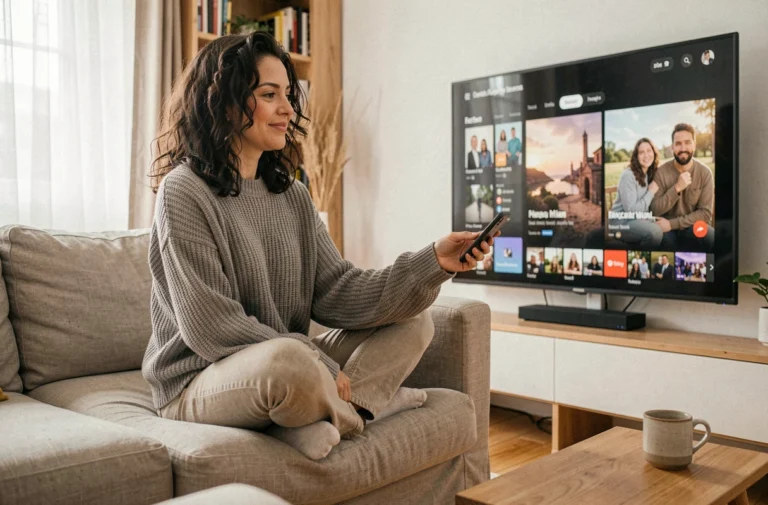 Femme en pull gris regardant une application de streaming sur un téléviseur dans un salon scandinave confortable