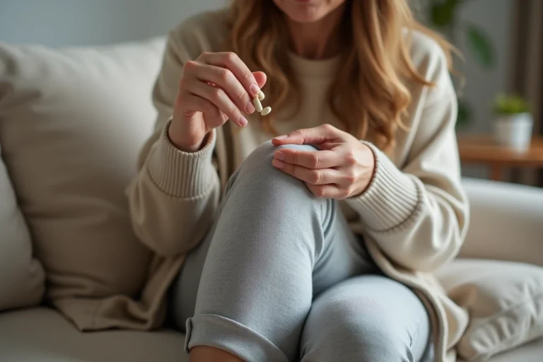 Femme tenant un comprimé de Daflon et observant ses jambes pour surveiller les varices pendant le traitement