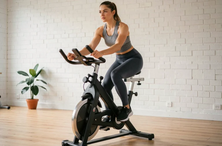 Femme utilisant un vélo d'appartement Sportstech SX200 dans une salle de sport à domicile