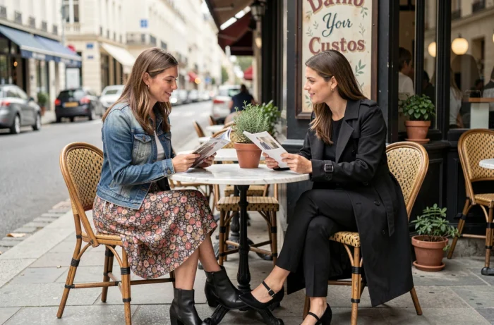 Deux femmes aux styles contrastés discutant des tendances mode autour d'un café en terrasse à Rennes