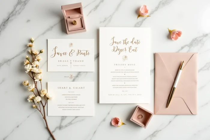 Flat lay de papeterie de mariage élégante avec faire-part, bague et fleurs séchées sur marbre blanc
