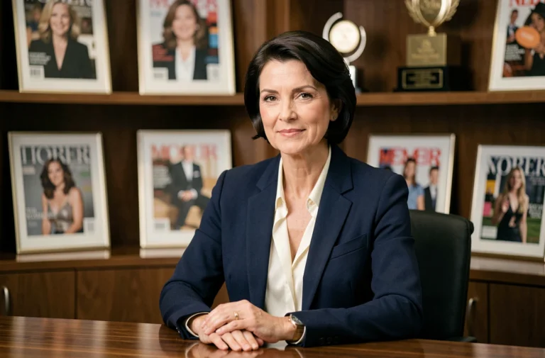 Florence Kieffer, journaliste et personnalité médiatique, assise dans un bureau éditorial élégant entouré de récompenses professionnelles