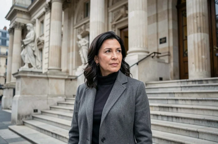 Femme de carrière posant devant une institution culturelle parisienne, évoquant le parcours et l'âge d'une personnalité médiatique reconnue