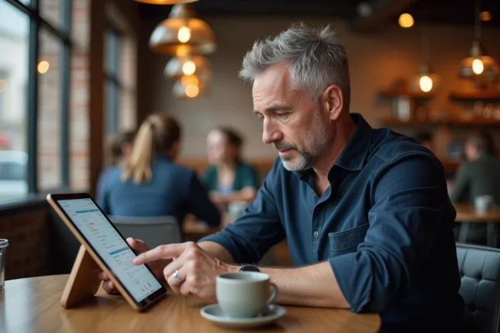 Homme gérant ses annonces en ligne depuis un café avec une tablette numérique