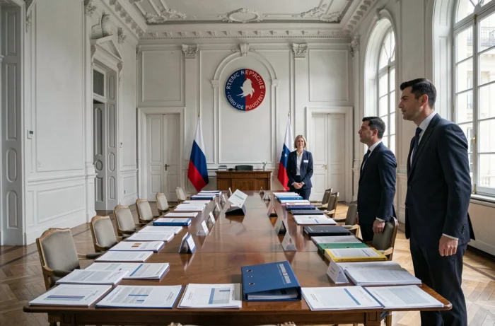 Administrateurs financiers d'une ambassade française analysant des rapports budgétaires officiels