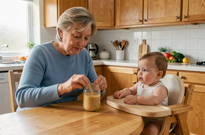 Grand-mère préparant des petits pots faits maison pour son petit-enfant assis dans une chaise haute en bois dans une cuisine familiale naturelle