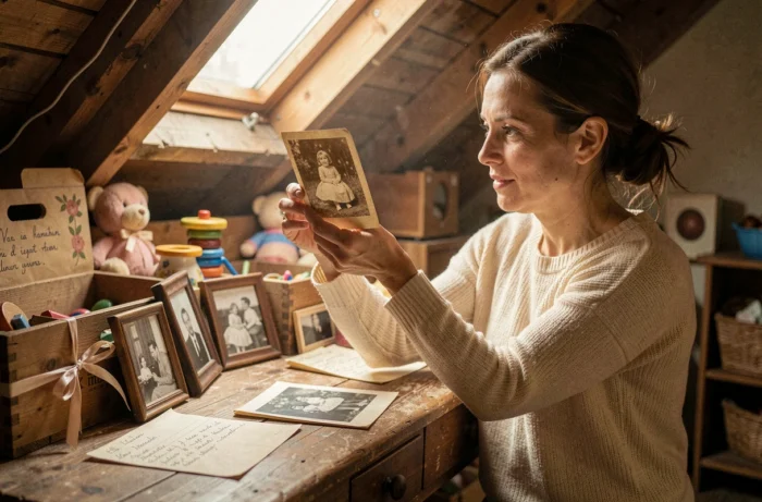 Femme découvrant de vieilles photographies et souvenirs d'enfance dans un grenier vintage, illustration de la recherche des origines familiales