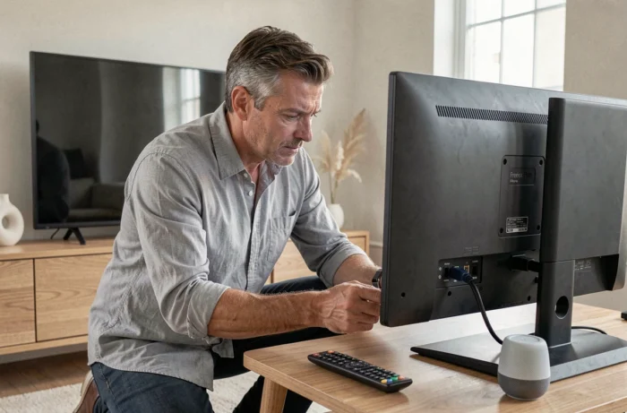 Homme configurant le HDMI-CEC derrière un téléviseur connecté à un Player Pop Freebox pour le piloter sans télécommande via Google Home