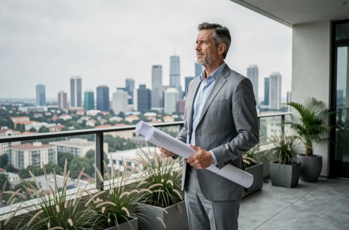 Homme d'affaires immobilier sur la terrasse d'un appartement de luxe neuf avec vue panoramique sur la ville en 2024