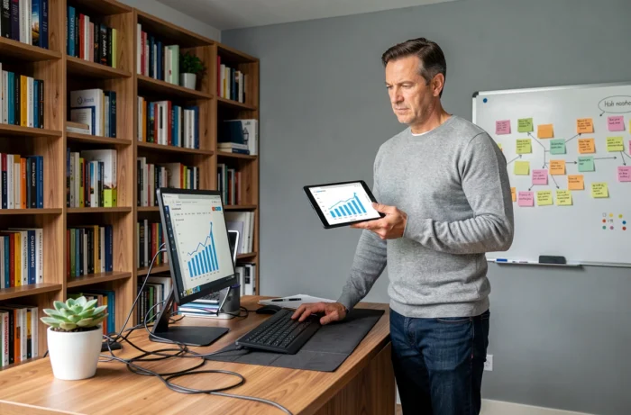 Homme d'affaires consultant des ressources en ligne pour développer son entreprise depuis son bureau à domicile