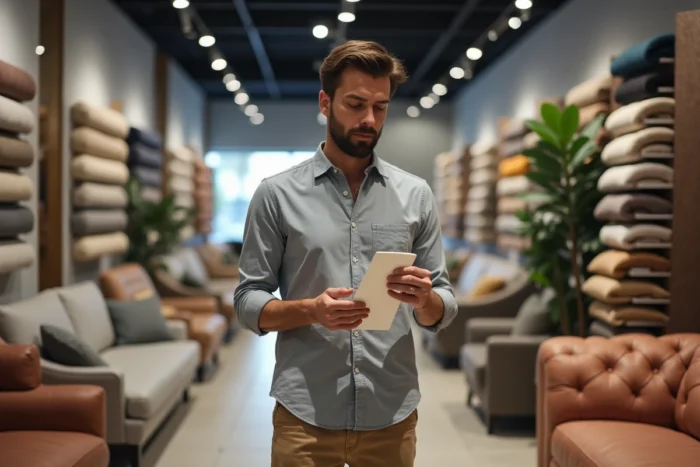Homme comparant les étiquettes de prix dans un showroom de canapés lors d'une période de promotions