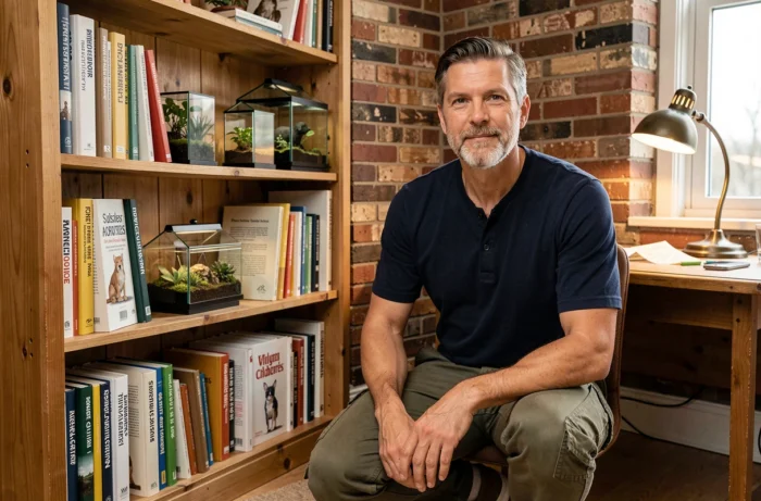 Homme consultant des guides sur les soins aux animaux dans un bureau chaleureux avec livres vétérinaires et terrariums