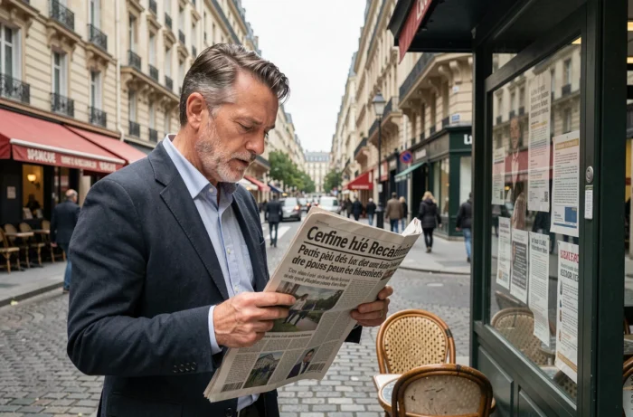 Homme lisant un journal français avec les dernières actualités dans une rue parisienne haussmannienne