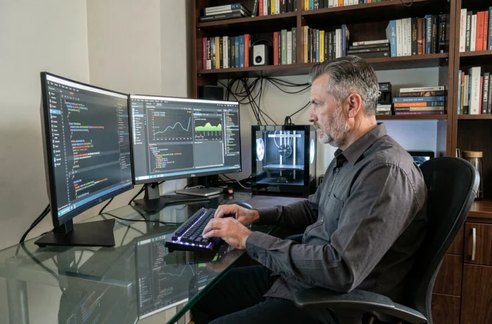 Homme travaillant sur plusieurs écrans dans un bureau high tech à domicile