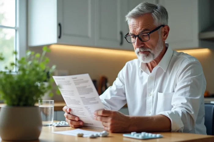 Homme lisant la notice de Daflon à la table de cuisine avant de débuter un traitement contre les varices