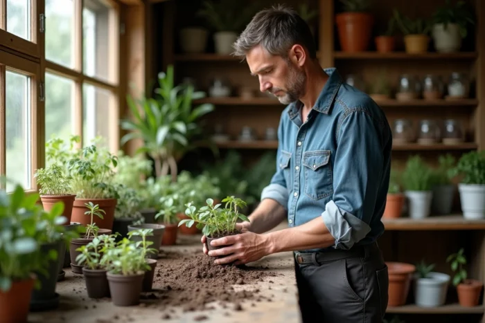 Homme rempotant des semis dans un atelier de jardinage intérieur avec des outils et des bocaux de compost sur une étagère