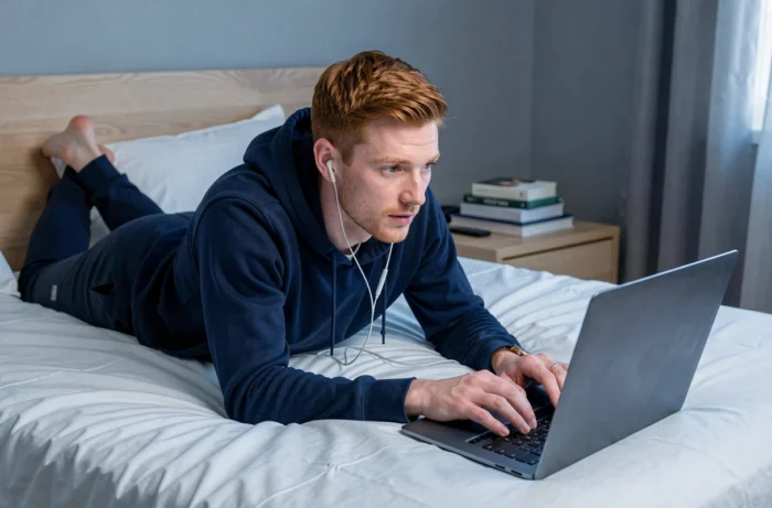 Homme regardant une série en streaming sur un ordinateur portable allongé sur son lit dans une chambre moderne