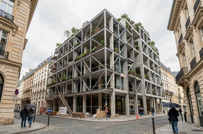 Immeuble mixte innovant en construction intégrant des terrasses végétalisées au cœur d'un centre-ville européen