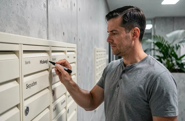 Homme écrivant plusieurs noms sur une boîte aux lettres dans le couloir d'un immeuble moderne
